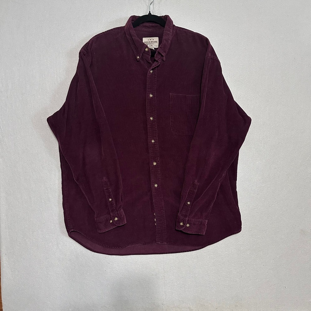 AKA Eddie Bauer Mens XL Corduroy Button Down Shirt Burgundy Plum Long‎ Sleeve